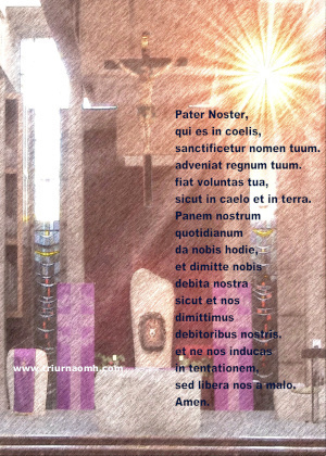 Our Father prayer in latin on St Michaels background.